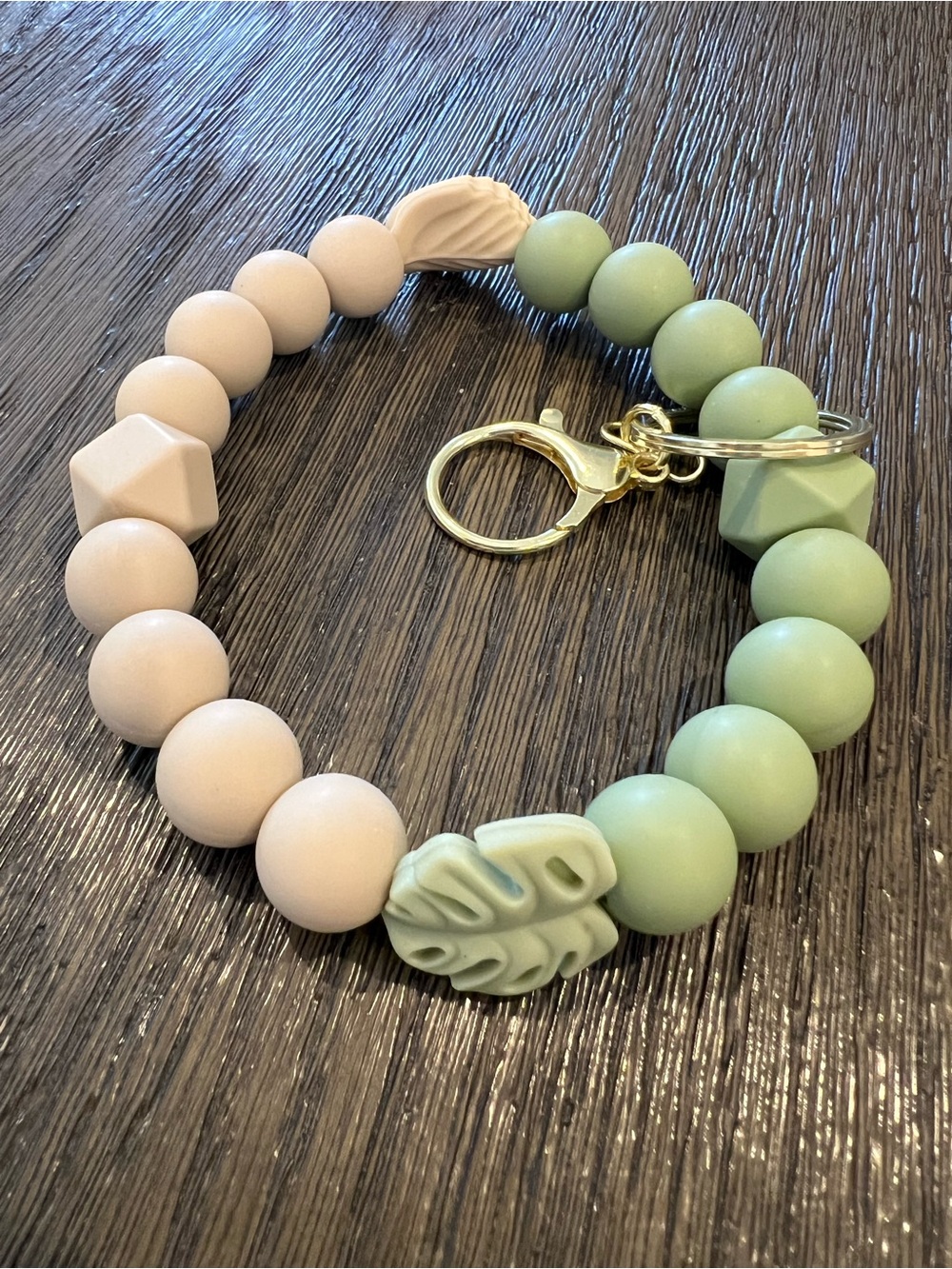 Sage Green & Nude Silicone Bead Wristlet | Monstera Leaf Boho Keychain